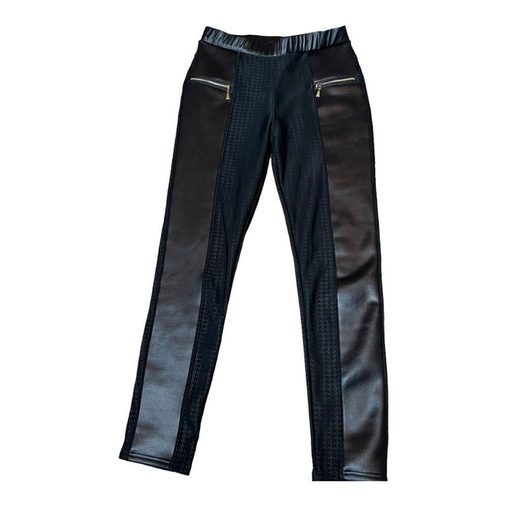Coco+Carmen Black Houndstooth‎ Faux Leather Fleece Lined Pull On Ponte Pants
